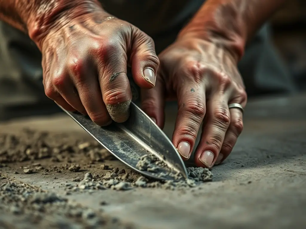 A close-up, gritty image of a man's hands working with rough concrete, symbolizing the rebuilding process. The lighting is stark and direct, emphasizing the texture and the effort involved.