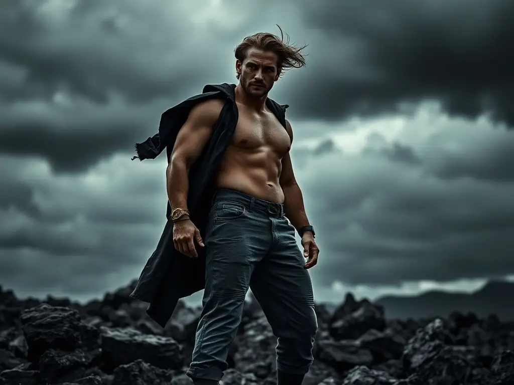 A powerful image of a man standing tall against a stormy sky, symbolizing resilience and emotional strength. The image is desaturated and gritty, maintaining the dark, minimal aesthetic.