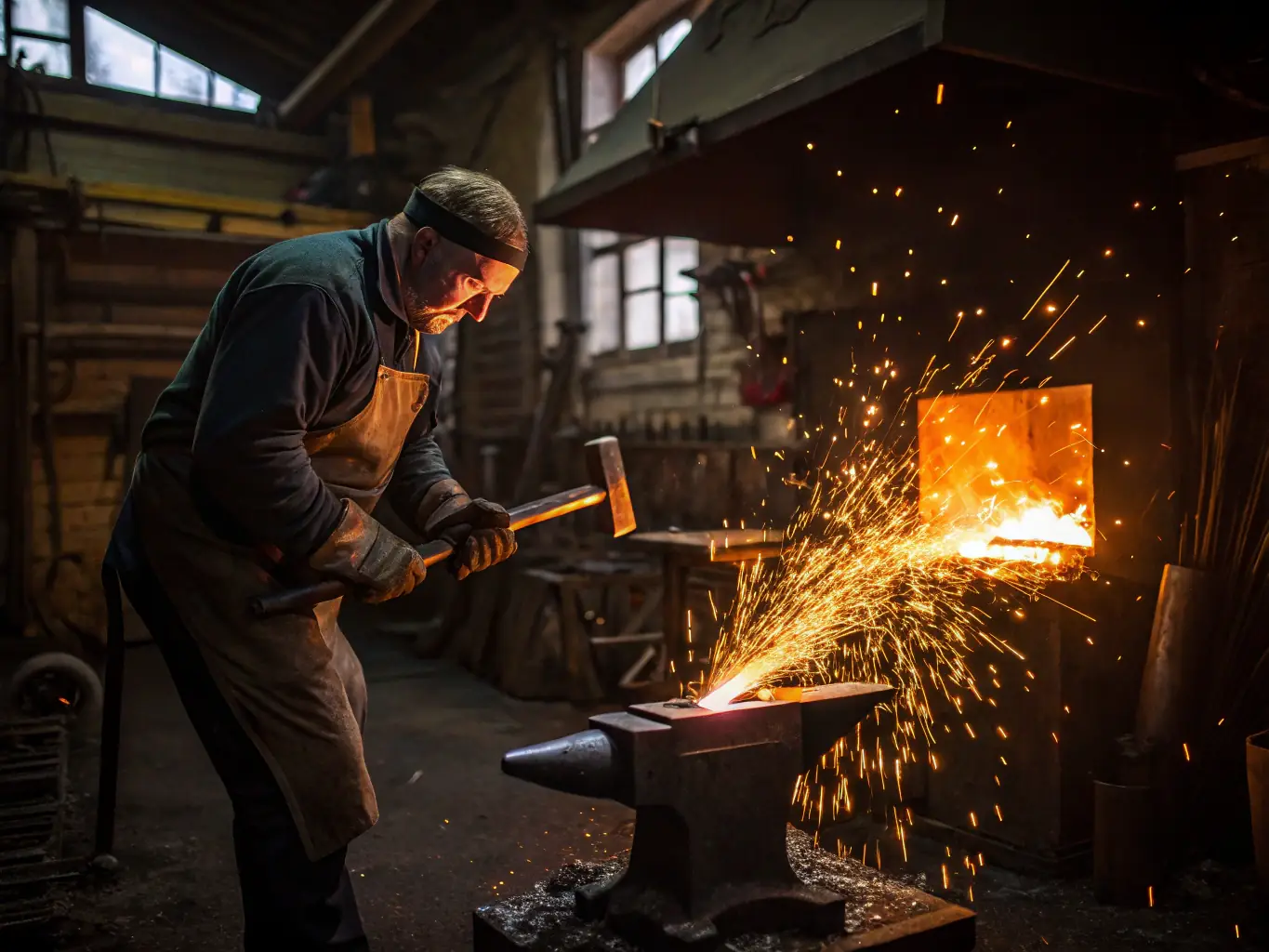A black and white image of a man forging metal in a dimly lit workshop, representing the transformation and strength-building aspects of the coaching process.